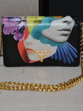 Prada Black Saffiano Printed Faces Leather Chain Clutch